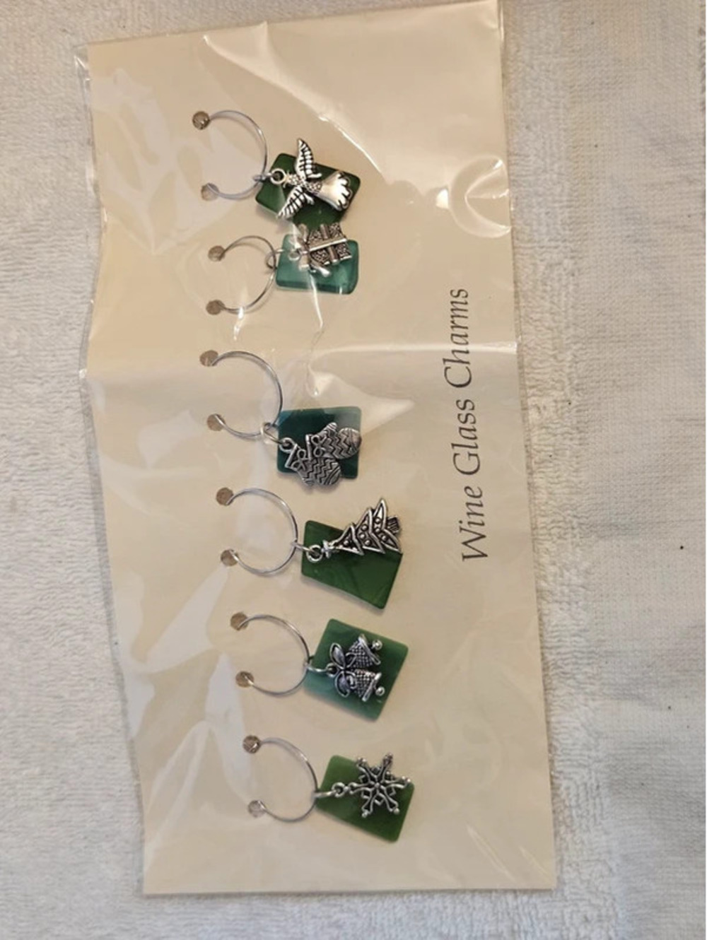 West Street Studio Christmas Wine Glass Charms Set 6 Green Silver New